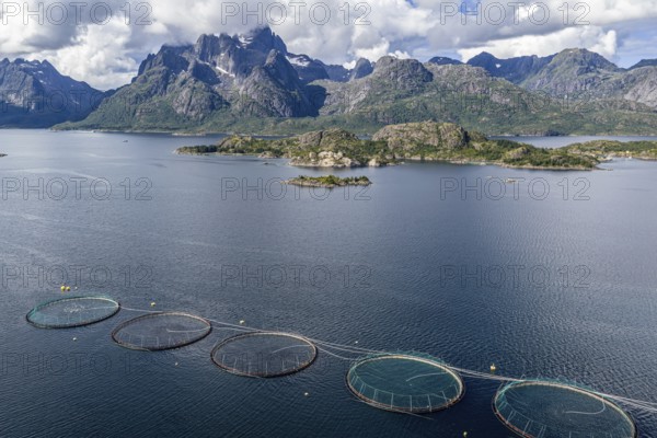 Cages of a salmon farm, at Raften at the Raftsund, the waterway between Lofoten and Vesteralen,
