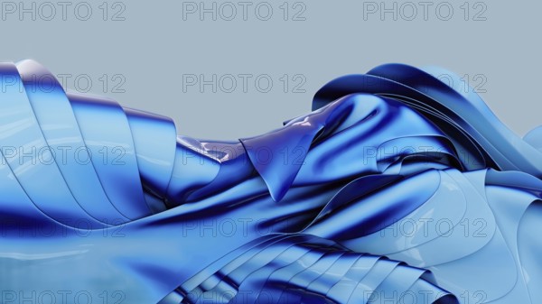 A vibrant abstract composition featuring intertwined blue metallic shapes, creating a dynamic,
