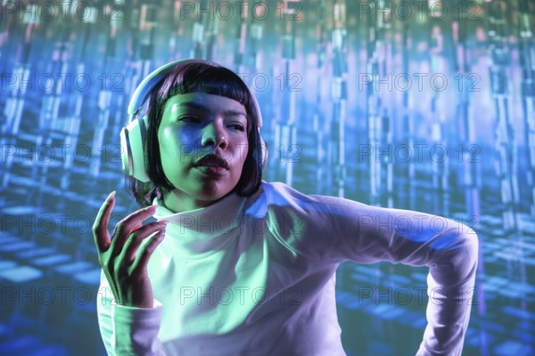 A futuristic Latin woman wearing large headphones, immersed in music. The vibrant blue and green