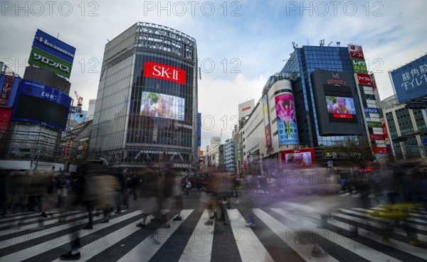 Crowd crossing zebra crossing on a large intersection, motion blur, back modern houses with