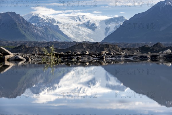 Mountain landscape reflected in glacial lake, Mount Blackburn and Kennicott Glacier, McCarthy Road,