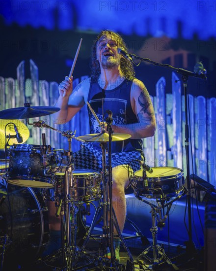 Sascha Madsen, drummer of Madsen live at Heute Nacht! 20th anniversary album debut tour in Berlin's