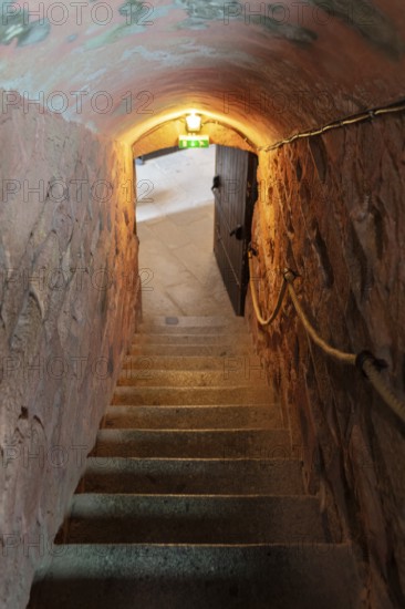 A dimly lit stone tunnel with a staircase and a rope railing leading to an open door area, Le