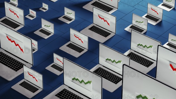 Laptops in a modern office show fluctuating stock trends, reflecting the dynamic nature of