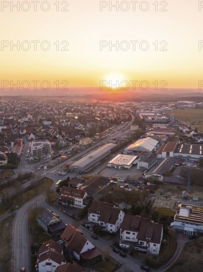 Industrial and residential areas of a small town at sunset, quiet atmosphere, Althengstett,