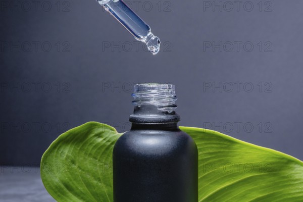A dropper releasing a clear serum into a matte black bottle, set against a solid grey background