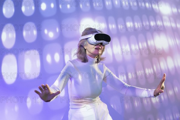 An elderly Asian woman experiences the metaverse through a virtual reality headset, surrounded by a