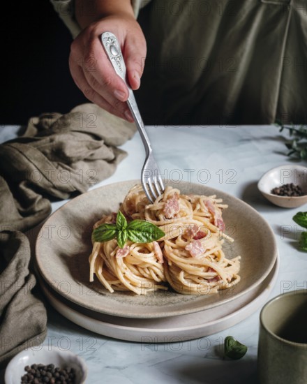 A hand elegantly twirls a fork in a creamy pasta dish topped with fresh basil leaves. The scene
