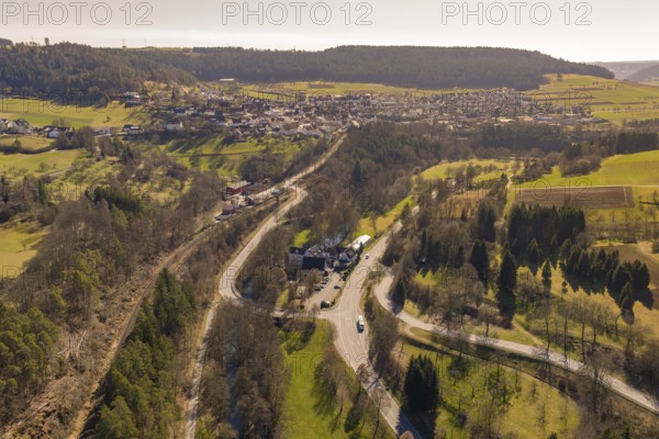 Rural landscape with village, fields, forests and winding roads, Pfrondorf, Nagold, Calw district,