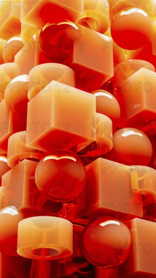 An engaging array of 3D geometric shapes in fiery orange tones combines spheres and cubes, creating