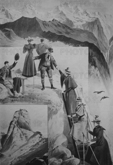 Sunday hikers climbing the Gummihorn, a peak in the Bernese Oberland, 1880, Switzerland, Historic,