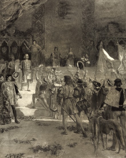 Christopher Columbus standing before King Ferdinand and Queen Isabella on his return to Spain,
