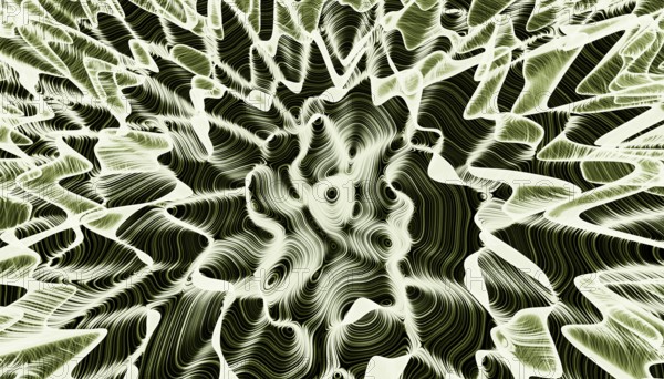 An intricate, swirling abstract pattern dominates this 3D-rendered image, showcasing a mesmerizing,
