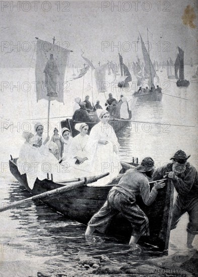 Returning home from church in a rowing boat, procession, by the sea, around 1880, France, digital