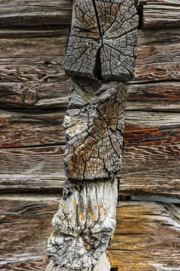 Weathered beams on an old hay barn, mountain village of Zinal, Val d'Anniviers, Valais Alps, Canton