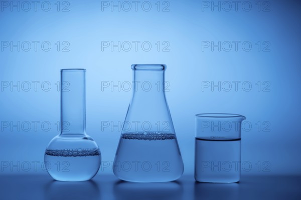 Glass laboratory beakers and flasks filled with water against a serene blue background,