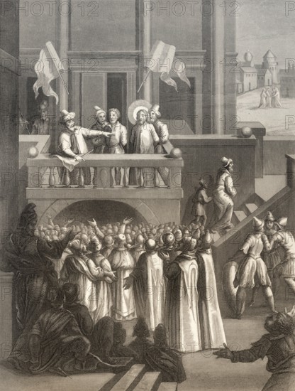 The Sanhedrin trial of Jesus, New Testament, steel engraving 1853, digitally restored