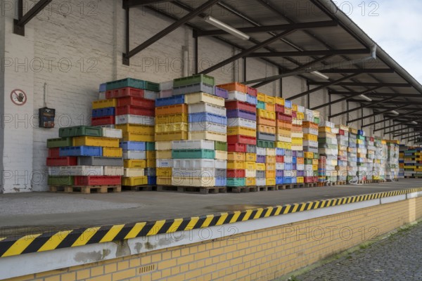Numerous colored containers are stacked at a warehouse, Sassnitz, Rügen, Insel, Baltic Sea,