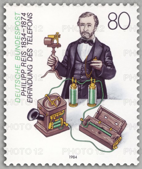 Postage stamp, Telephone transmitter mechanism by Johann Philipp Reis, 1834 – 1874, German