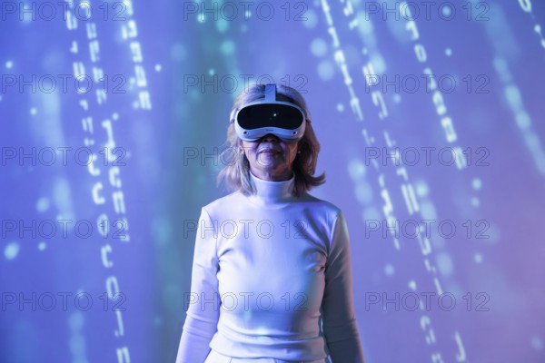 An elderly Asian woman, wearing a VR headset, explores the metaverse, surrounded by digital