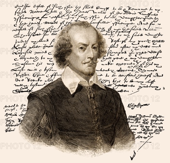 Porträt und Faksimile des Testaments von William Shakespeare, 1564 - 1616, einem englischen