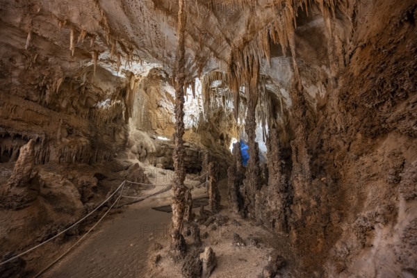 Stalactites and stalagmites, rock formations in a stalactite cave, Grotta del Fico, Gulf of Orosei,