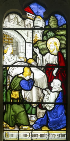 Detail stained glass window of Christ's life, Burlison & Grylls c 1880, Kelsale church, Suffolk,