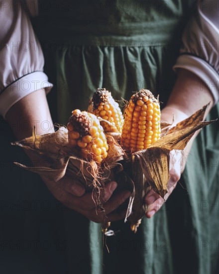 Close-up of hands holding ripe corn cobs with husks in a warm, rustic setting. The vibrant orange