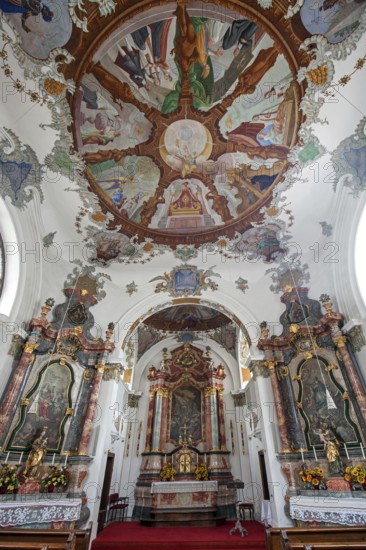 Church, baroque basilica St. Mang, interior view with ceiling fresco, Füssen, Ostallgäu, Bavaria