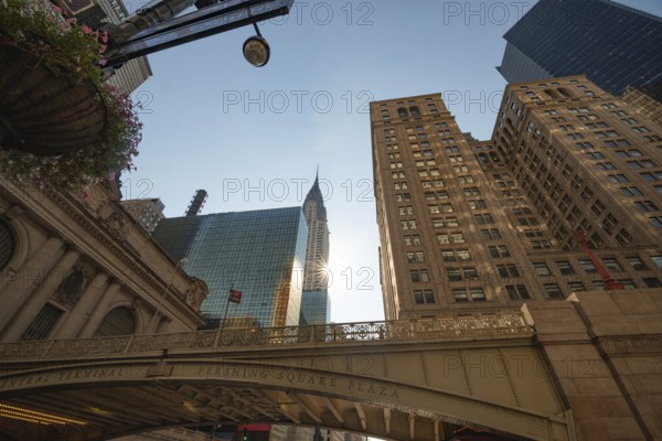 From below the morning view of Pershing Square Plaza in front of Grand Central Terminal with the