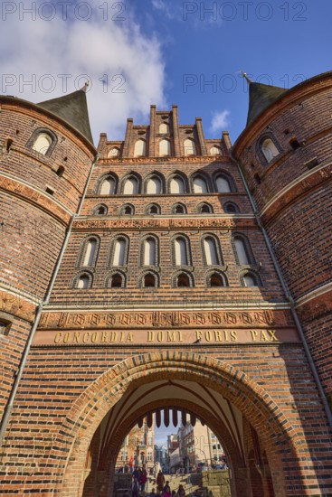 City gate Lübeck Holstentor, inscription Concordia domi foris pax with the meaning harmony inside