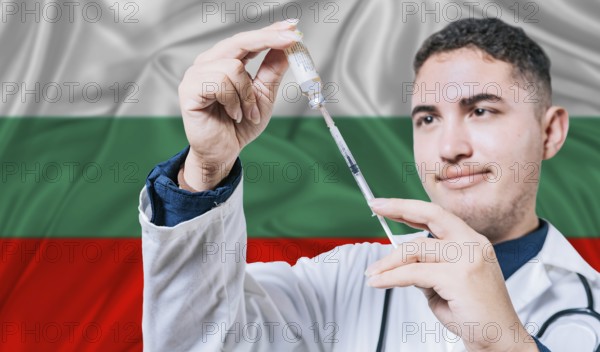 Doctor holding syringe on Bulgaria flag background. Medical professional holding syringe with