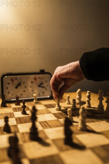 A hand moves a chess piece on a wooden board, lit warmly. An analog clock keeps time, highlighting