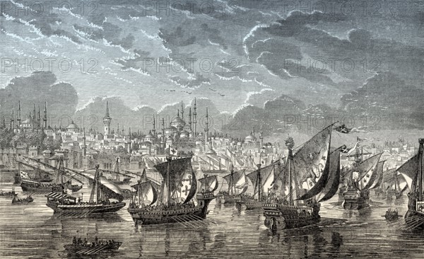 The fleet of the crusaders in front of Constantinople during the Fourth Crusade in 1203, Riva