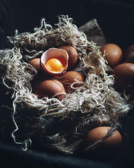 Close-up image of farm-fresh brown eggs nestled in a rustic, straw-lined nest. One egg is cracked