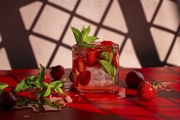 A vibrant strawberry mojito cocktail garnished with fresh mint leaves sits on a glossy red surface.