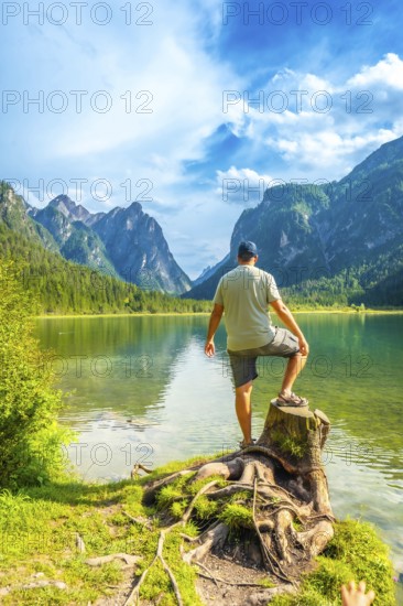 Tourist standing on a tree stump, admiring the stunning landscape of lake dobbiaco and the