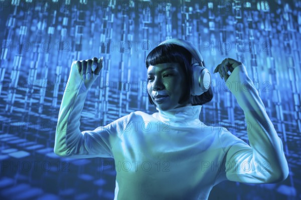 A futuristic Latin woman, immersed in music, wearing headphones. Her expression reveals a deep