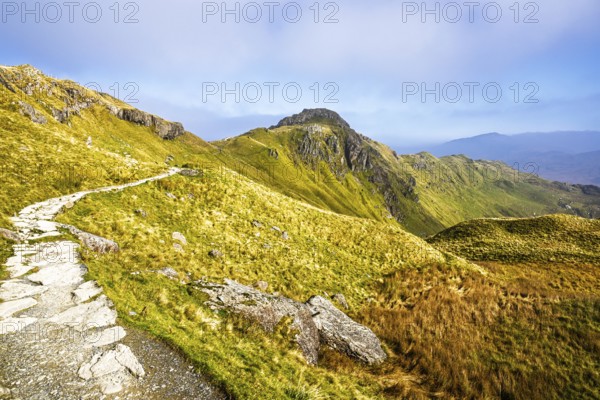 Pyg Track over Llyn Llydaw lake, Pen-y-Pass, mountain pass, Snowdonia, Gwynedd, north-west Wales,