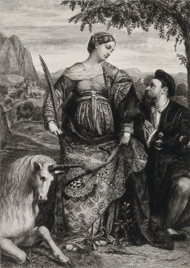 St Justina with a unicorn and a man praying to her. Etching by W. Unger after Moretto of Brescia,
