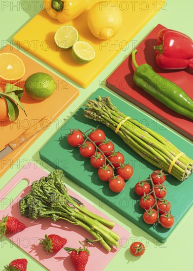A vibrant display of assorted fresh fruits and vegetables, including tomatoes, asparagus, and