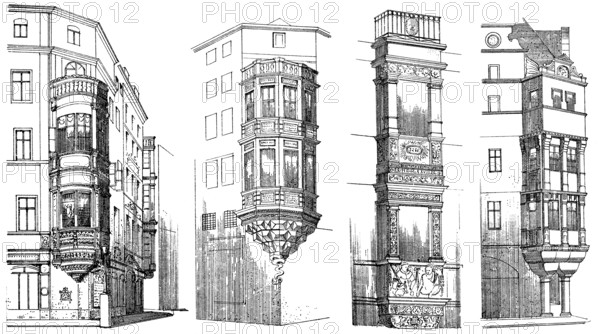 Historical architectural illustration from the 19th Century, 1882, facade with bay windows in