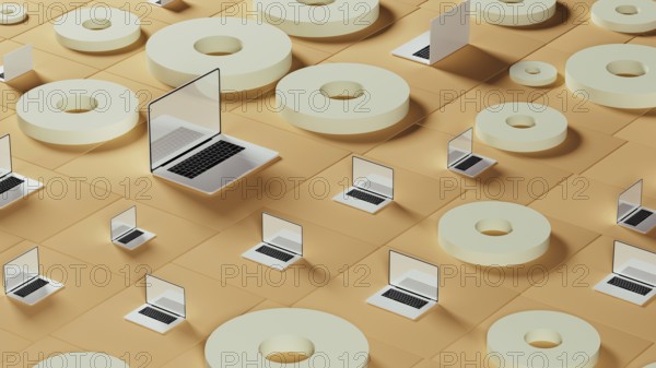 This setting displays numerous laptops arranged among circular tiles on a smooth surface,