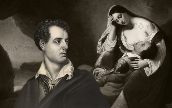 Portrait of George Gordon Noel Byron, Don Juan asleep on Haidée's lap, painting by Henry Scheffer