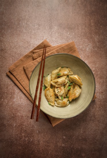Japanese fried gyoza dumplings, with pork, sesame seeds, green onions