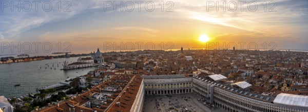 Panorama, St Mark's Square and Basilica di Santa Maria della Salute on the Grand Canal at sunset,