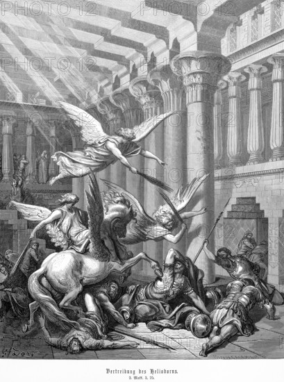 Expulsion of Heliodorus, 2nd book of the Maccabees, chapter 3, verse 25, God protects his temple,
