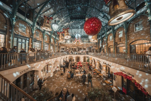 A festive interior with twinkling lights and two-level decoration full of people, AppleMarket,