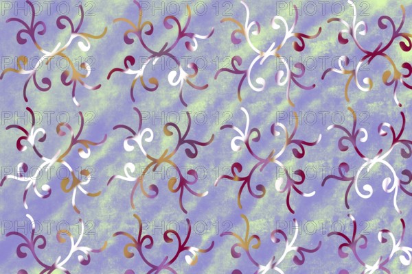 A seamless decorative pattern with swirling floral motifs in red, white, and gold tones against a