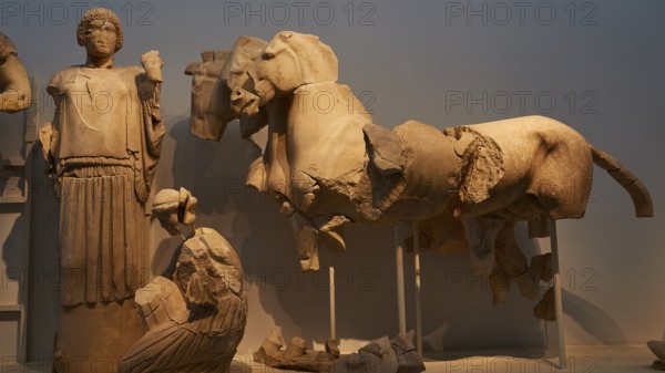 Four horse team of Pelops, Hippodameia and her kneeling servant, east pediment of the Temple of